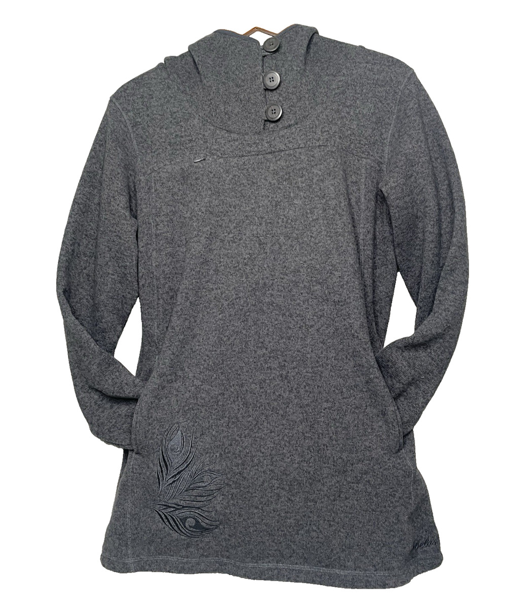 Cabela's Womens Medium Gray Hooded Fleece Tunic Cowl Neck Peacock Feather Top